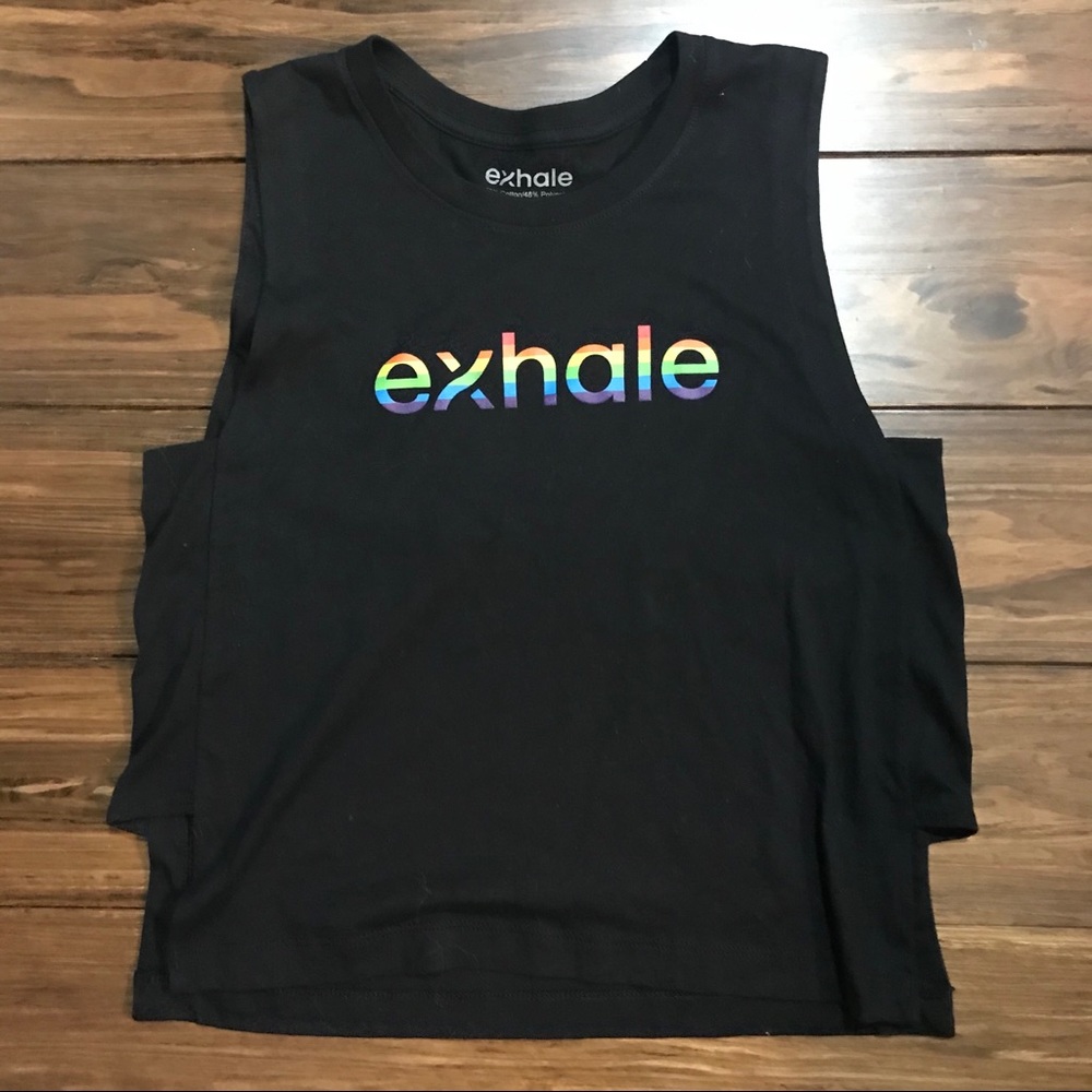 exhale muscle tank top, black w/rainbow letters, m
